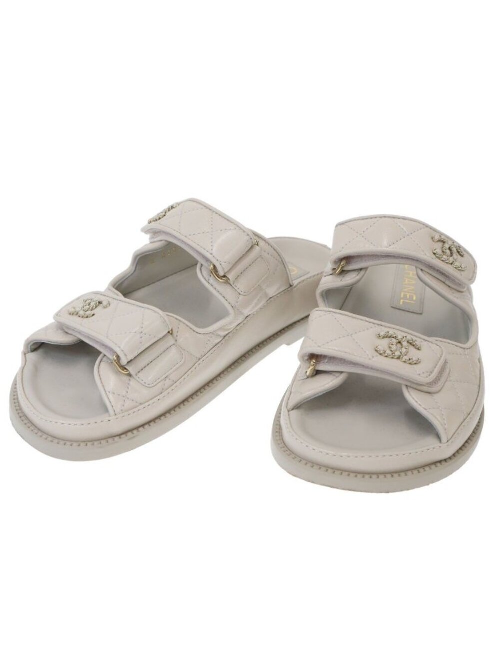 Chanel Quilted CC Logo Double Velcro Leather Sandals Light Gray